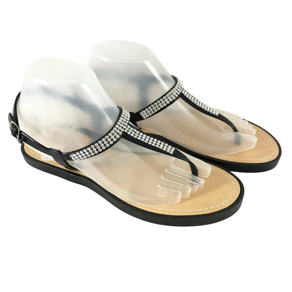 Blue Suede Shoes Womens Sandals Thong Rubber Rhinestones Ankle Strap Black 10